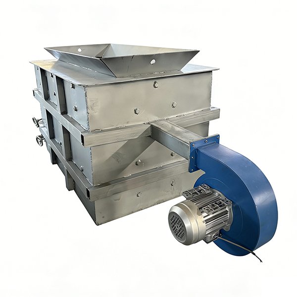 Industrial metal hopper-style housing with a blue centrifugal blower attached to the side and a motor in front of it.