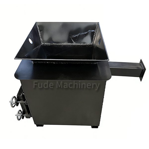 Industrial metal hopper with a rectangular top receptacle, side discharge chute, and manual control wheels on the side for adjustments (black machinery).